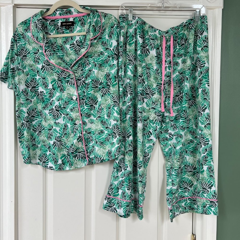 Room Service Green/Pink Tropical Leaf Print PJ Set- LARGE